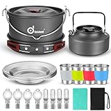 Odoland Utensilios Cocina Camping con Olla, Sartén, Hervidor de Camping, Plato, Tazas de Acero Inoxidable y Cubiertos Plegables, Kit de Cocina para Cocinar al Aire Libre
